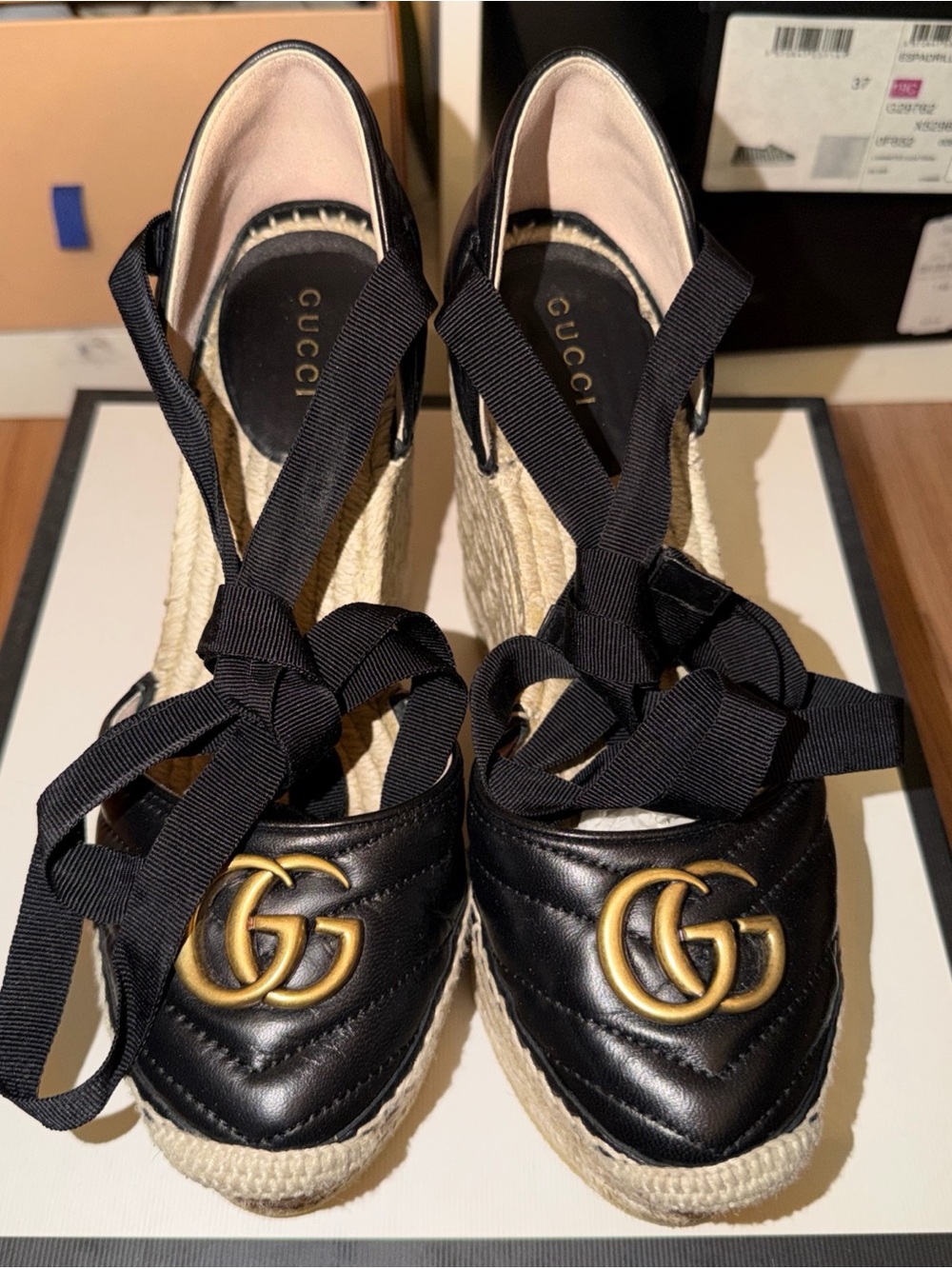 Gucci Black Leather Espadrille Wedge with Gold Double G